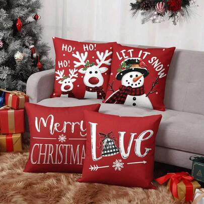 4个/1个圣诞红色抱枕套 - 驯鹿、雪人、“圣诞快乐”和“LOVE”图案抱枕套，18x18英寸 | 拉链封口 | 亮丽色彩，涤纶材质 | 适用于客厅、房间装饰、沙发和卧室（不含枕芯）非常适合圣诞装饰、圣诞派对家居装饰
