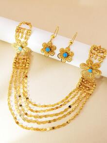 3pcs Elegant & Luxurious Gold Long Necklace And Earrings Set, Hollow Faux Turquoise Jewelry Set, Suitable For Women's Daily, Party, Wedding, Holiday As Gift - Yellow Gold - View 6