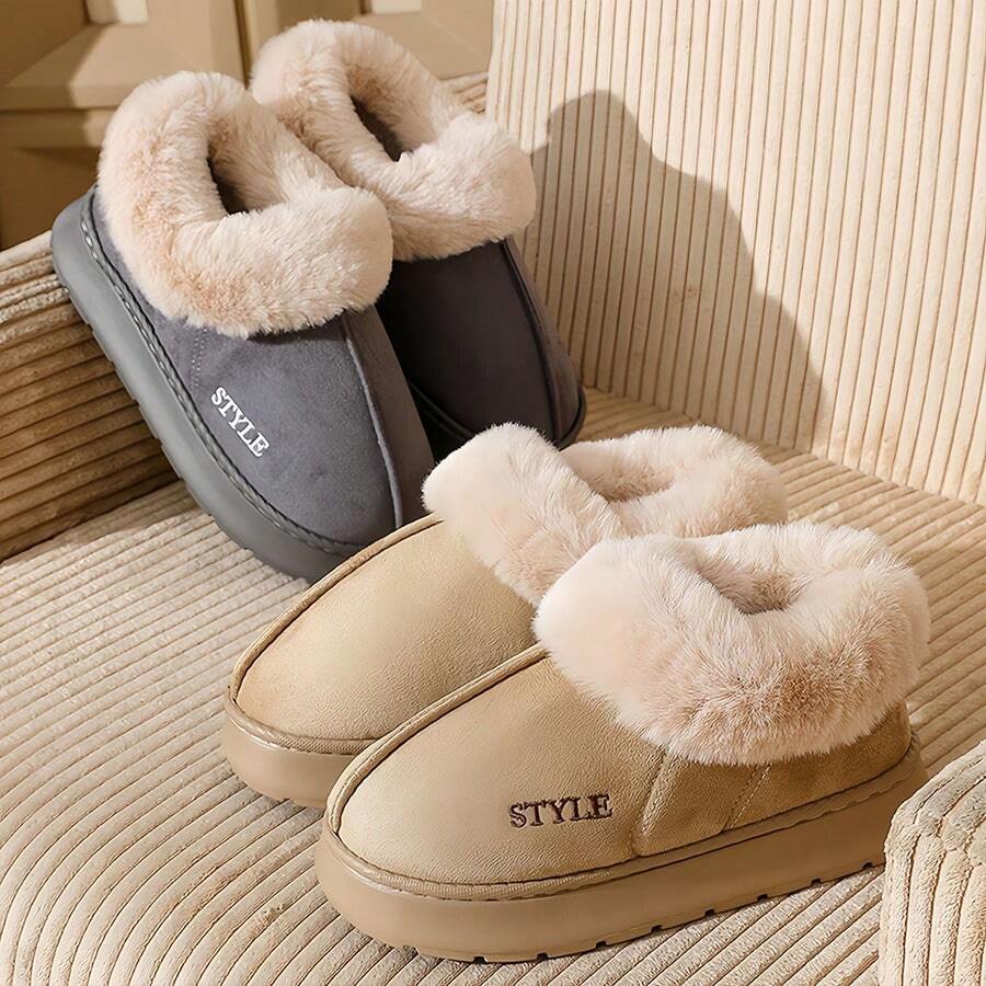 1 Pair New Suede Fleece Thermal Slippers, Men's Indoor Warm Plush Lining Slip-On, Women's EVA Anti-Slip Snow Boots