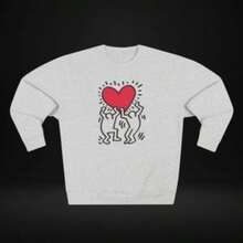 Keith Haring Art, Unisex Crewneck Sweatshirt, Men Holding A Heart Art, Unique Graphic Design Pullover, Retro Streetwear Jumper, Gift For Art - 白色 - 查看 2