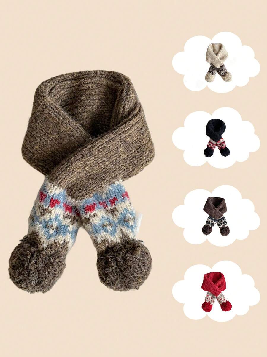 1 件儿童交叉挂球针织围脖，时尚男童秋冬围巾，婴儿围脖保暖