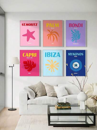 6pcs Set Travel Poster Illustration Minimalism Ibiza Mykonos Capri Country Symbols Fashion Art Painting Canvas Print Wall Picture For Living Room Bedroom Office Home Decoration