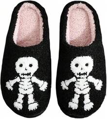 Cozy Plush Halloween Pumpkin Slippers, Non-Slip Fluffy Design - Skeleton - View 1