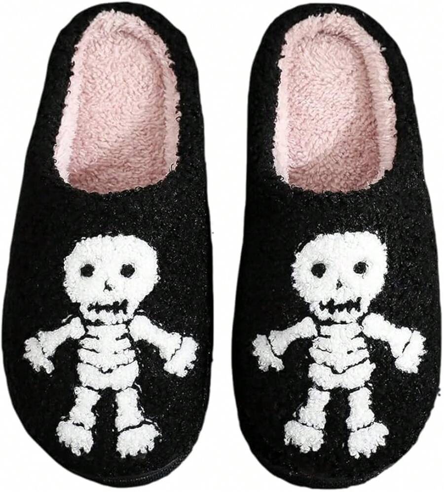 Cozy Plush Halloween Pumpkin Slippers, Non-Slip Fluffy Design - Skeleton - View 1