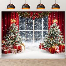 1pc Holiday Christmas Window Scene Background, Polyester Holiday Wall Decoration, Christmas Party Background, Portrait Photography Props For Christmas Celebration Activities