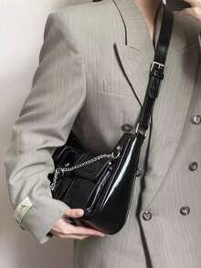 2025新款女士纯色单肩包，纯色大容量多口袋复古Y2K长款单肩包，可腋下携带，嬉皮时尚单肩包，适合酷女孩手提包和钱包 - 黑色 - 查看 10