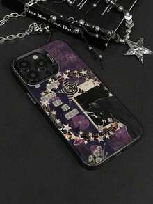 1pc Gothic Style Pattern Large Hole Design IMD Colorblock Black Cat & Slogan Star Floral Print Shock-Resistant Phone Case, Compatible With Apple IPhone7/X/11/12/13/14/15/16/16PRO/16PROMAX Series Waterproof Anti-Fall Scratch Resistant - 透黑 - 查看 3