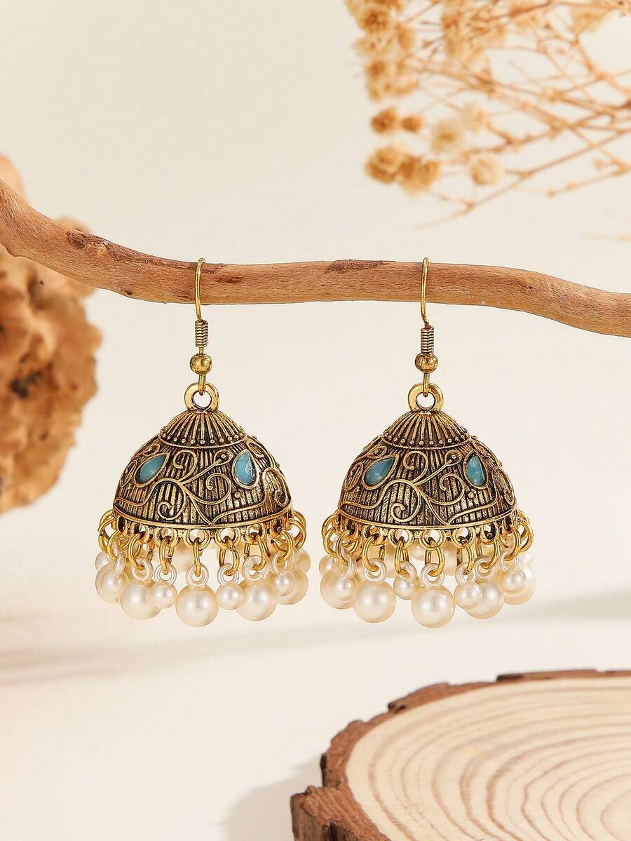 1 pereche cercei Jhumka vintage, cercei Jhumki sculptați cu perle artificiale și picătură de apă, potriviți pentru femei și fete în fiecare zi, pentru festivaluri, nunți și petreceri/bijuterii cadou
