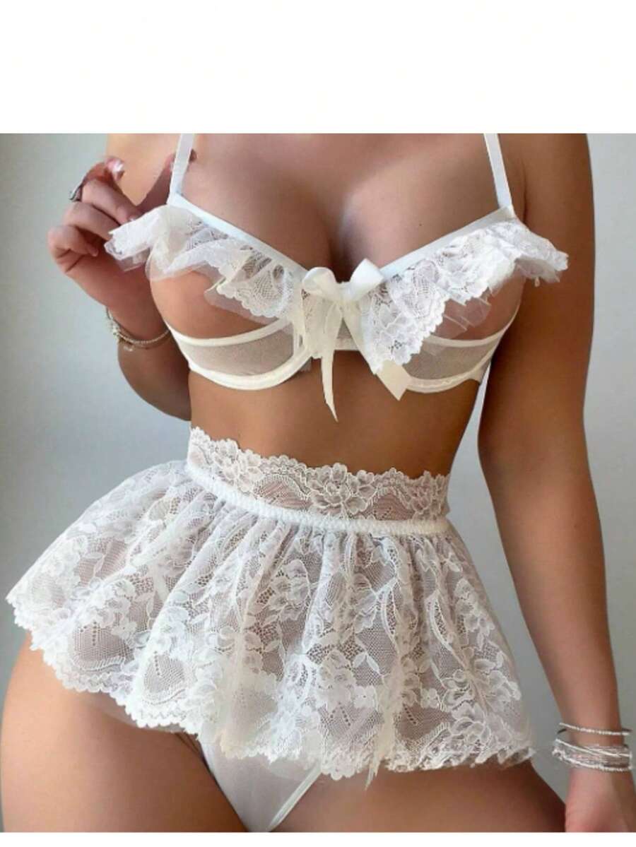 Sexy Lingerie, Lace Cutout Bra 3 Pieces Set - White - View 1