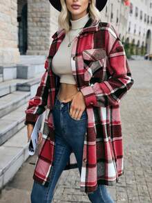 Áo sơ mi vải nỉ cài nút tay dài kẻ caro cho nữ, áo blouse công sở thường ngày, váy sơ mi dài vừa phải, dày dặn, thời trang mùa xuân/thu, quần áo mùa thu - Đỏ - Xem 1