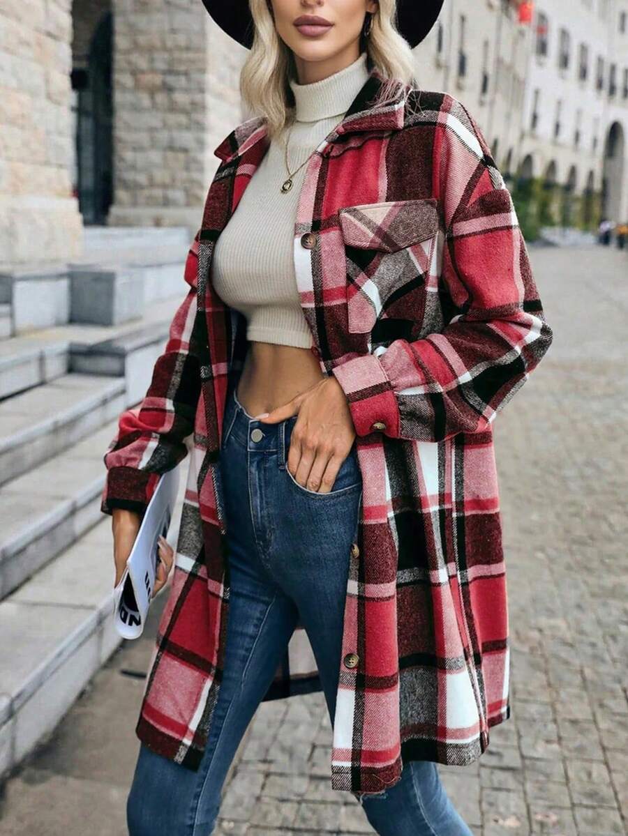 Áo sơ mi vải nỉ cài nút tay dài kẻ caro cho nữ, áo blouse công sở thường ngày, váy sơ mi dài vừa phải, dày dặn, thời trang mùa xuân/thu, quần áo mùa thu - Đỏ - Xem 1