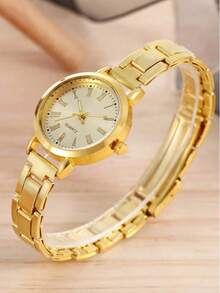 2 piezas Conjunto de relojes de cuarzo de moda para mujer - Correa de acero inoxidable, diseño minimalista elegante, reloj de pulsera con esfera pequeña y movimiento de cuarzo preciso - Dorado - Ver 3