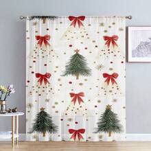 1PC Festive Xmas Tree Bow Dot Christmas Sheer Curtain, Modern Pattern Light Filtering Polyester Voile Rod Pocket Type For Holiday Window & Home Accent. - Multicolor - View 2