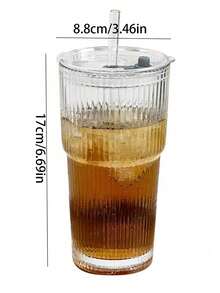 1pc Elegant Striped Glass Coffee Cup (With Lid & Straw), 600ml - Vertical Stripe Design, Fashionable Household Drinking Cup For Coffee, Juice And Tea - Ideal For Home And Restaurant Use, Great Gift For Mother's Day And Easter - Multicolor - View 2