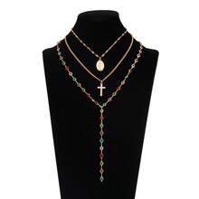 Set de 3 collares con colgante de cruz y Jesús vintage con relieve, decoración de rhinestones de colores, collar largo adecuado para uso diario, fotografía callejera y regalo del Día de la Ascensión. La longitud de la cadena es personalizada y la combinación de colores de los rhinestones es aleatoria.