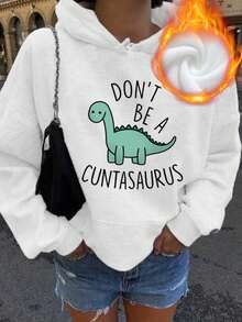 Cartoon Dinosaur Pattern Print Sweet And Gentle Temperament Fall Clothes Plus Size, Autumn And Winter Women's Plus Size Casual Dinosaur Pocket Drawstring Hoodie Fall Tops Women, Women's Fall Plus Size Clothes