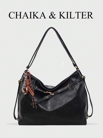 1 件 CHAIKA & KILTER 纯色 PU 面料单肩包，女式复古休闲大容量流浪包，带孔眼肩带装饰，可调节肩带，拉链开合，适合日常购物和通勤