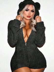 Women's Autumn And Winter Plush Velvet Jumpsuit Warm Zipper One-Piece Pajamas With Hood And Bear Ears Warm Jumpsuit Home Comfortable And Cute - 黑色 - 查看 1