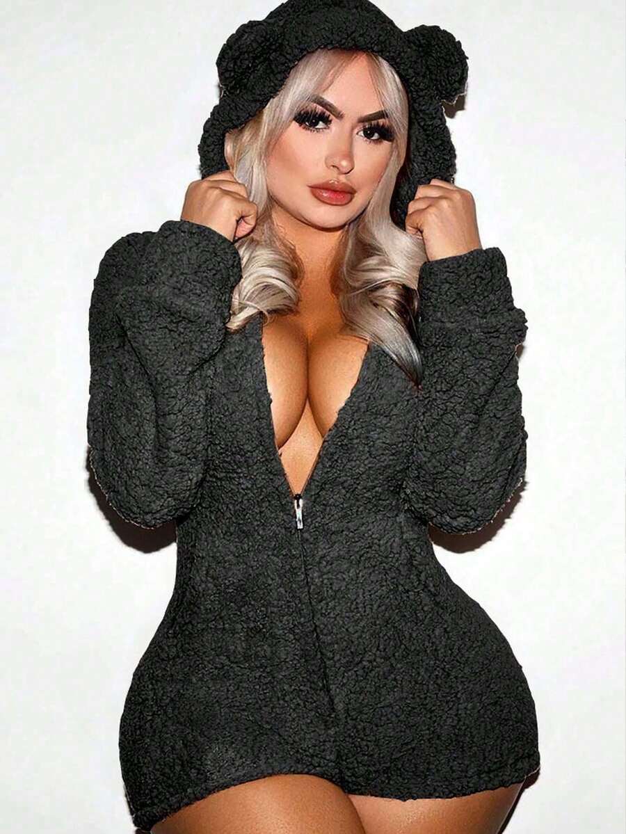 Women's Autumn And Winter Plush Velvet Jumpsuit Warm Zipper One-Piece Pajamas With Hood And Bear Ears Warm Jumpsuit Home Comfortable And Cute - 黑色 - 查看 1