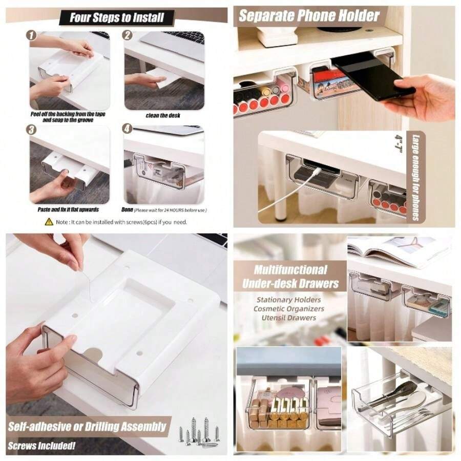 2 Paquetes Deslice El cajn debajo del escritorio 21cmx24cm, Organizador de Cajones Autoadhesivo para Debajo del Escritorio, Cajn Debajo del Escritorio, Cajn Debajo de la Mesa para transparente - Adhesivo or tornillos - Ver 1