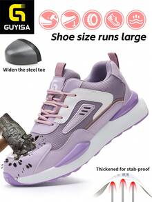 GUYISA 女士钢头包头鞋，防砸防刺，时尚休闲平底透气低帮轻便工作鞋，粉色 - 米色 - 查看 1