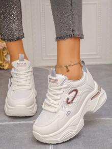 Women's Solid Color Thick Sole Sneakers With Front Tie Closure, Outdoor Tennis Shoes With Mesh Detailing, Khaki