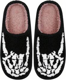 Cozy Plush Halloween Pumpkin Slippers, Non-Slip Fluffy Design - Skeleton Hand - View 1