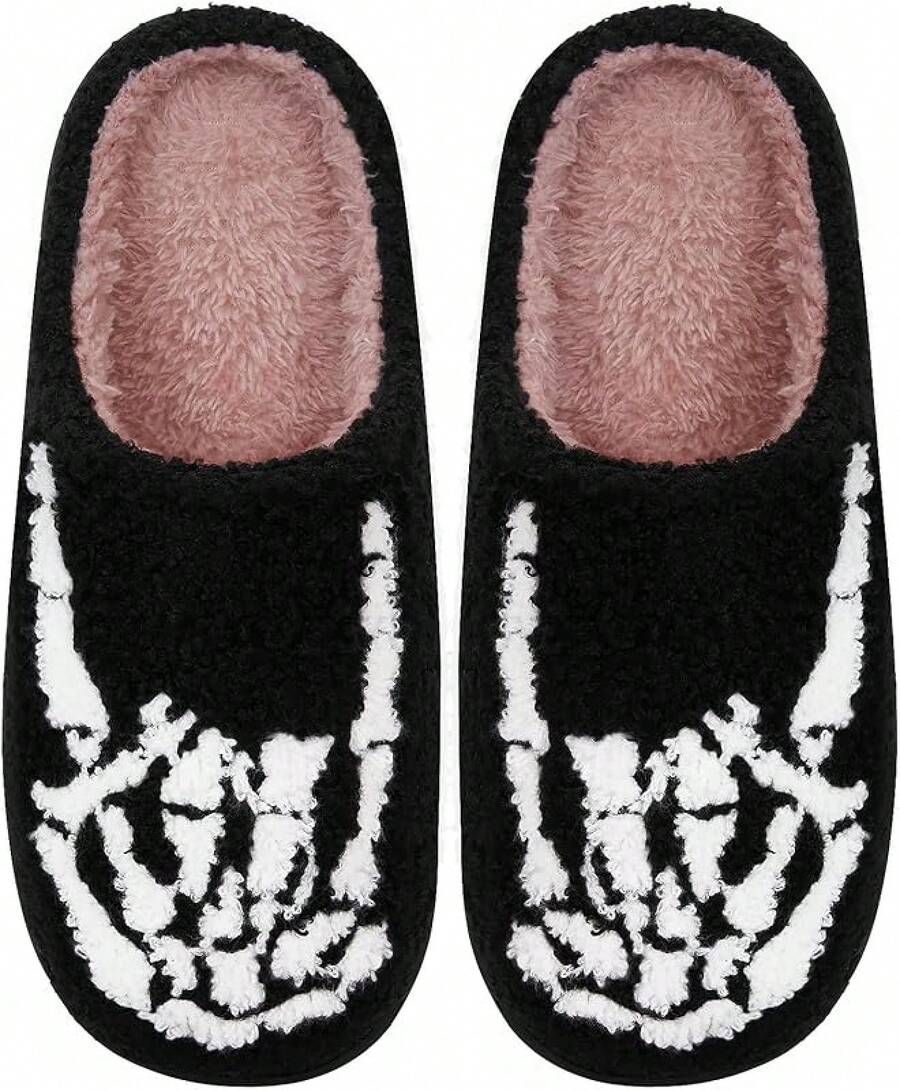 Cozy Plush Halloween Pumpkin Slippers, Non-Slip Fluffy Design - Skeleton Hand - View 1