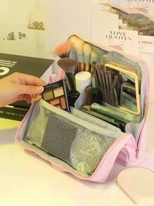 1 Stück Kosmetiktasche aus PU-Leder Material, vertikale Ausführung mit großer Kapazität und Mehrfachtaschen, tragbare Aufbewahrungstasche, vertikale Kosmetiktasche mit Fächern