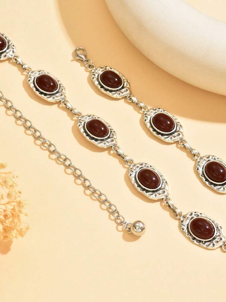 1pc Vintage Fashionable Personalized Metal Floral Distressed Micro-Inlaid Red Faux Gemstone Geometric Round Disc Circular Waist Chain. Intricate Design Sense, Asymmetric Textured Silver-Tone Waist Belt, Skirt Chain, Pants Chain. Suitable For Women's Daily Wear And Parties (Handmade Chain May Have Minor Flaws) - Silver - View 3