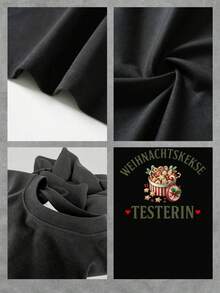 Camiseta gráfica festiva de probador de galletas navideñas para mujer, deliciosa camiseta para amantes de los dulces navideños y la repostería para damas, prenda de invierno acogedora con estampado único. - Negro - Ver 4