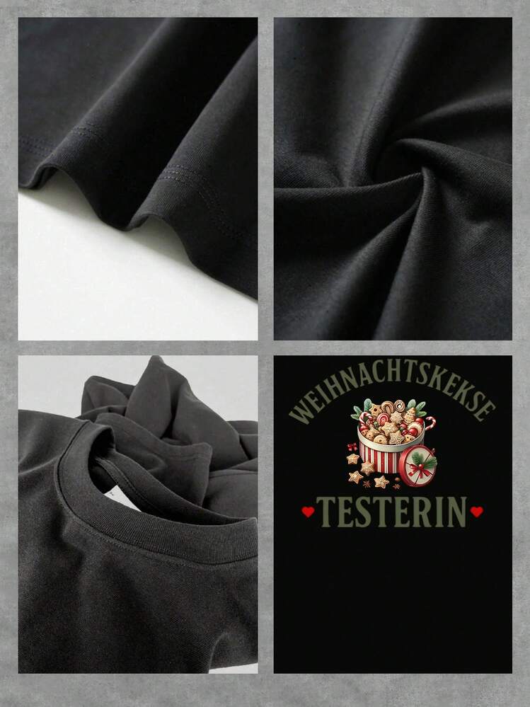 Camiseta gráfica festiva de probador de galletas navideñas para mujer, deliciosa camiseta para amantes de los dulces navideños y la repostería para damas, prenda de invierno acogedora con estampado único. - Negro - Añade 4