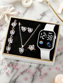 6/1pc Cute Girl Fashionable And LED Rainbow Digital Display Electronic Watch, Suitable For Girls To Wear, Equipped With Jewelry Bracelets, Necklaces, Rings, Earring Sets, Suitable For Students, Very Suitable For Daily Life Such As School, Parties, And Travel. Graduation Season, Valentine's Day, Christmas, Are The Perfect Gifts For Girls(Box Not Included) - Multicolor - View 5