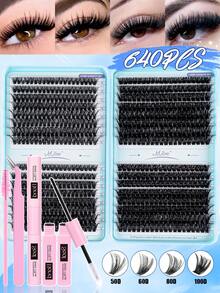 MEM 570/640/800/680/620/120pcs D-Type Curled Cluster Lashes, 9-16mm Slim Natural DIY Lash Kit With Glue & Tweezers, Beginner Friendly For Home Use, Fits Daily, Travel, Wedding, Date, Party & Festivals, Great Christmas Halloween Beauty Gift - 黑色 - 查看 11