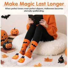 Cozy Plush Halloween Pumpkin Slippers, Non-Slip Fluffy Design - Pumpkin Cat - View 2