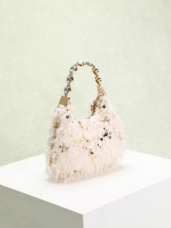 1 件 Sculptedstyle 包秋冬新款毛绒包，高端亮片蓬松毛皮包，奢华水钻装饰女士手提包，手拿包适合新娘、婚礼、派对、宴会