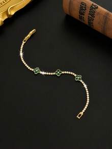 1pc Men's Luxury Clover Bracelet, Sparkling Zirconia + Rich Green Gemstone Embedded 3D Clover Design, Suitable For Daily Commute, Gatherings And Various Festivals - Yellow Gold - View 5