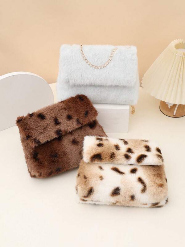 Autumn/Winter New Women's Oblique Shoulder Bag, Fashionable & Versatile Fluffy Women's Shoulder Bag, Printed Pattern Metal Chain Furry Bag, Women's Wallet And Phone Pouch, Cute & Elegant Coin Purse, Casual For Shopping