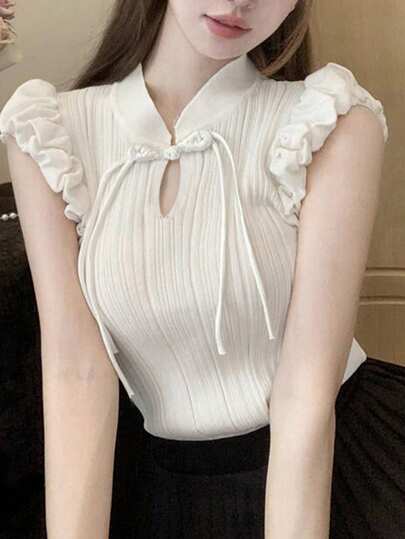 女士中式纽扣泡泡袖针织上衣，休闲夏季毛衣