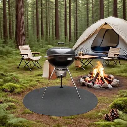 Round Barbecue Grill Floor Mat, Outdoor Barbecue Grill Floor Mat, Deck And Terrace Protection Mat, Washable Floor Mat, Round Heat Insulation Mat, Foldable Portable Barbecue Floor Mat, Backyard, Outdoor, Deck And Terrace, Black