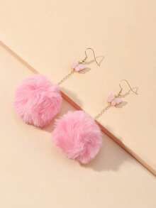 NAIZHU 1 Pair Pink Velvet Ball & Butterfly Dangle Earrings For Women, Cute Fashion Jewelry Accessory, Stylish Statement Earrings For Daily Wear Or Party, Sweet Lightweight Accessory, Perfect Gift Idea For Girls, Teens & Ladies - 粉色 - 查看 3