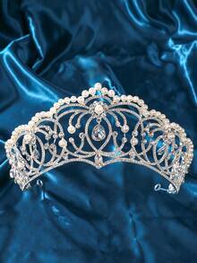 1件水晶珍珠皇冠头饰，新娘婚礼皇冠，适合女士晚宴派对服装 - 銀色 - 查看 2