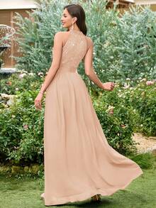MIUSOL Đầm dạ hội hở lưng, chất liệu chiffon phối ren hoa đính sequin, màu tương phản, xếp ly, thích hợp cho khách dự đám cưới, lễ tốt nghiệp, tiệc chiêu đãi và các dịp khác trong mùa hè. - Rượu sâm banh - Xem 3