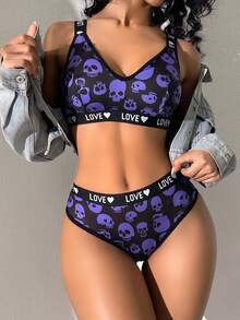 1 Set Halloween Skelett Kontrast Farbe Englisch Schleife Damen BH und Slip Set - Schwarz - Übersicht 5