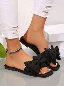 New Plus Size Women Comfy Simple Square Toe Cute Bow Knit Fluffy Slip-On Flat Sandals, Casual Fashion Outdoor Beach Slippers For Summer