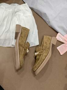 Comfortable Women's Flats, Deep Mouth Thermal Lining For Autumn/Winter, Faux Pearl Metal Decor, Soft Flat Oxfords, Elegant Casual Versatile For All Occasions