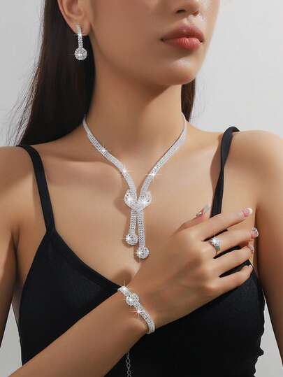 1 条项链 + 1 对耳环 + 1 个戒指 + 1 个手链女士珠宝套装，适合日常佩戴、约会、几何图案派对、新娘婚礼