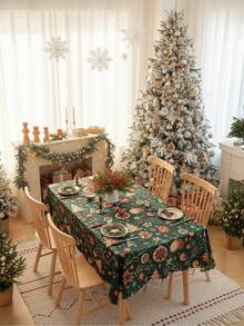 1 pieza Mantel navideño con estampado y relieve, cubierta de mesa de poliéster con tema navideño y adorno de encaje para sala de estar, dormitorio, cocina, decoración navideña