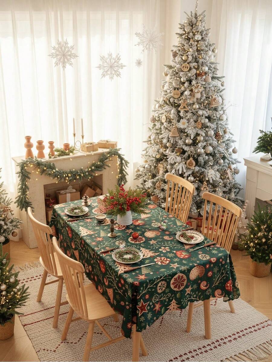 1 pieza Mantel navideño con estampado y relieve, cubierta de mesa de poliéster con tema navideño y adorno de encaje para sala de estar, dormitorio, cocina, decoración navideña