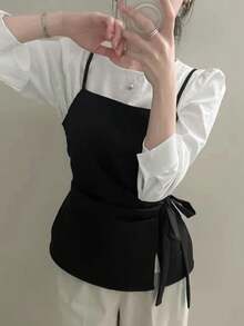 2026 Spring/Autumn Bow Tie Strap Camisole + Long Sleeve Shirt 2-Piece Set - Black and White - View 2
